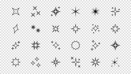 Set of star sparkle shapes with neon glow. Abstract shine effect vector icons in retro futuristic style. Twinkling stars, flashes, and bursts for creative design elements on a transparent bg
