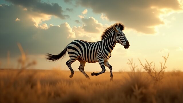 Design a dynamic image of a zebra sprinting across the savannah. Capture its powerful legs and flowing mane in motion, with a dramatic sky to convey speed, freedom, and energy.