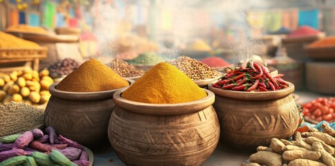 Explore the vibrant colors and aromas of an ancient spice market filled with traditional foods and exotic spices.