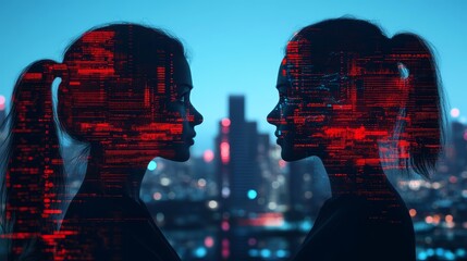 Digital Women Silhouettes  Futuristic Technology  AI  Data Stream  Code  Cityscape Background