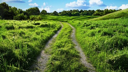 Scenic green pathway winding through lush fields under a bright blue sky
