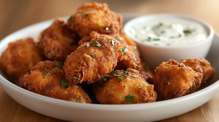 A plate of fried chicken nuggets with dipping sauce.