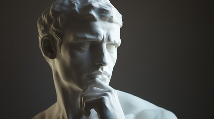 A close-up of a white marble bust of a man with a beard,  thoughtfully resting his chin on his hand, against a dark gray background.