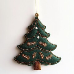 A green Christmas tree ornament with sequins hanging