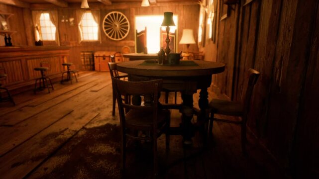 A rustic saloon interior features a round wooden table surrounded by chairs. The warm glow from lamps creates a cozy atmosphere, highlighting wooden textures and vintage decor.