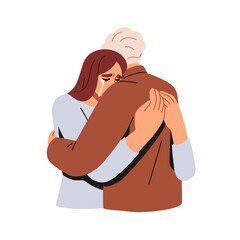 Crying woman hugging person, embracing for comfort. Sad frustrated female in tears, sadness and grief. Empathy, compassion, emotional support. Flat vector illustration isolated on white background