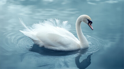 Fototapeta premium Swan feathers elegantly glide in a reflective scene crafting a serene and poetic tableau .