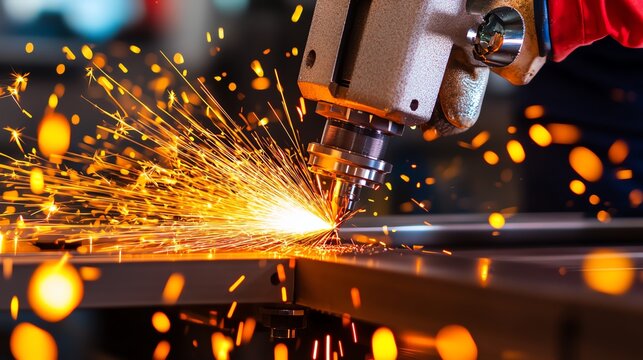 Welding process generating bright sparks from metal cutting, dramatic close-up shot.