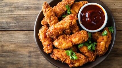 A plate of fried chicken tenders with a side of BBQ sauce.