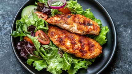 A plate of pan-fried chicken breasts on a bed of lettuce and tomatoes.