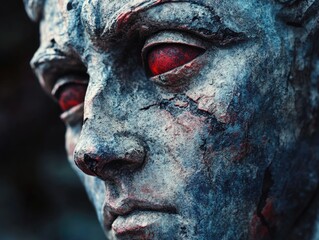 Close-up of a statue with red eyes
