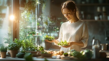Grocery ordering at home a woman in her kitchen selecting fresh ingredients cozy indoor environment personal lifestyle concept for healthy living