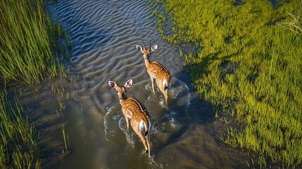 Obraz premium bird's eye view of majestic kudu antelope and two baby cubs, crossing with their wet and wet skin, looking towards the camera of the drone, the bed of a water channel