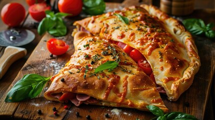 Traditional Italian Pizza Calzone filled with Ham, Cheese, Tomatoes, and Fresh Basil on Wooden Surface