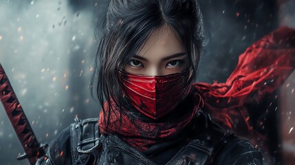 A female warrior with black hair, wearing a red mask and headband, holding a katana, stares intensely at the camera.