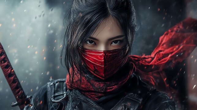A female warrior with black hair, wearing a red mask and headband, holding a katana, stares intensely at the camera.