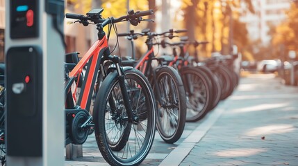 A row of electric bikes parked at a charging station on a city street.