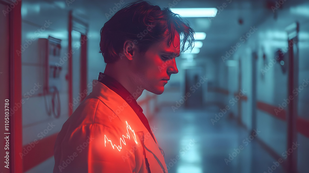 Poster A man in a lab coat stands in a dimly lit hospital corridor, illuminated by red light.