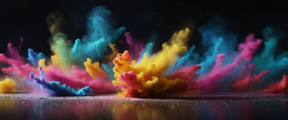 Fototapeta premium Colorful powder exploding on a reflective surface, creating a vibrant plume of smoke with a dark background, perfect for representing concepts related to celebration, art, and energy.