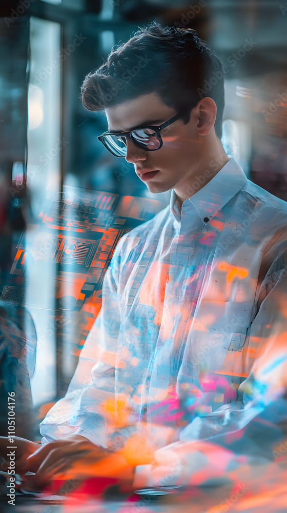 Poster a young man in glasses engages with digital data on a screen, reflecting a tech-savvy environment.
