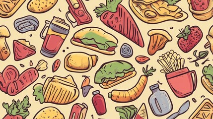 Delicious Food Seamless Pattern  Sandwiches  Vegetables  Drinks