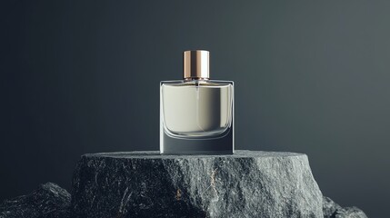 A glass bottle of perfume on a stone podium with a grey background.