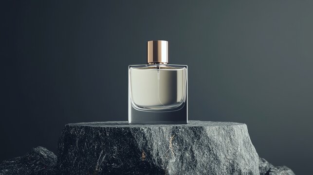 A glass bottle of perfume on a stone podium with a grey background.