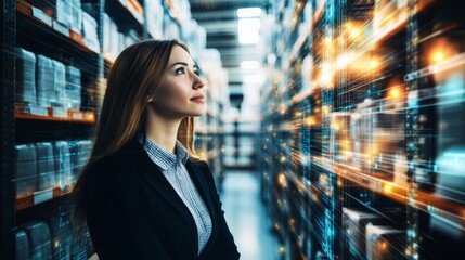 Woman in Warehouse  Futuristic Data Visualization  Digital Transformation