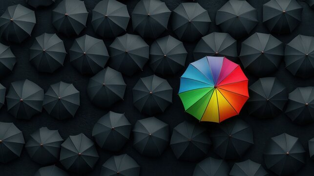 A unique vibrant rainbow umbrella stands out among black umbrellas, symbolizing individuality, creativity, and uniqueness for marketing, branding, and leadership concepts.