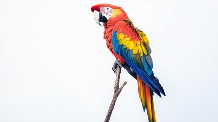 Fototapeta premium Scarlet Macaw Perched on a Branch Against White Background