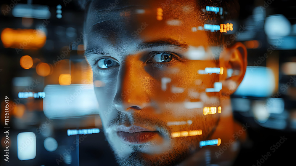 Poster A close-up of a man's face with digital data overlays, emphasizing technology and insight.