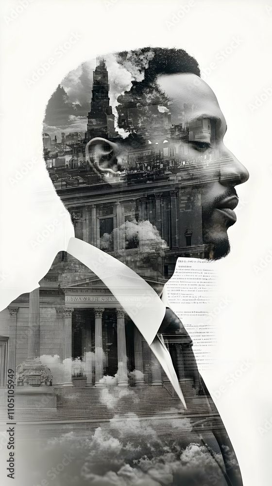 Poster A double exposure portrait blending a man's profile with urban architecture and clouds.