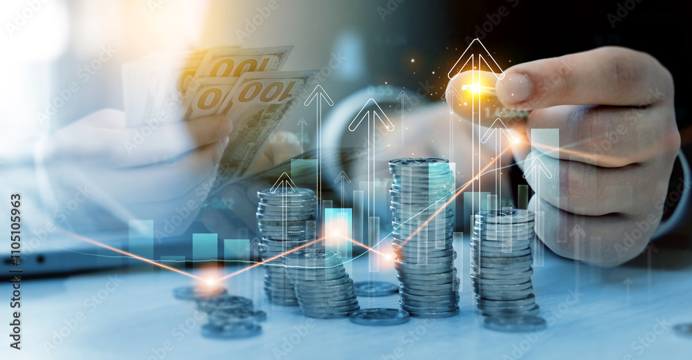 Poster money business financial graph diagram of coin. financial growth data or investment market profit ba