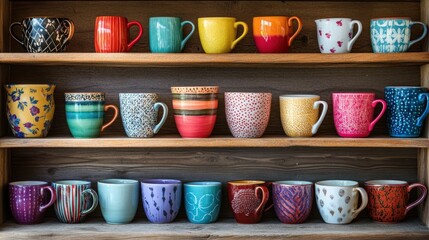 A colorful display of various mugs arranged on wooden shelves.
