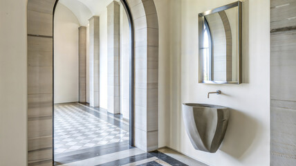 Modern Archway Interior design, with Marble Flooring, Wall Mirror, and Minimalist Basin,