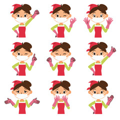 マスクをして掃除の服装で色々なポーズのお母さん