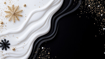 Festive winter holiday background with snowflakes. Gold, black and white colors. Space for text.