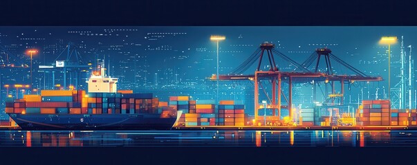 Obraz premium Illustration of a busy port with cranes and shipping containers