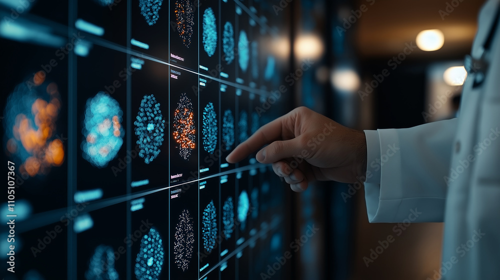 Poster doctor examining digital health data on touchscreen display