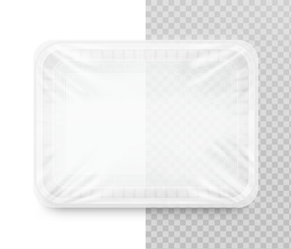 Clear tray container mockup. Vector illustration isolated on white background. Layered template file easy to use for your promo product: meat of animals, chicken, fish. EPS10.