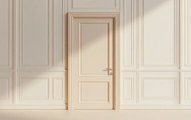 A 3D render of a simple closed door set into a wall with classic paneling, in a minimalist interior design. 
