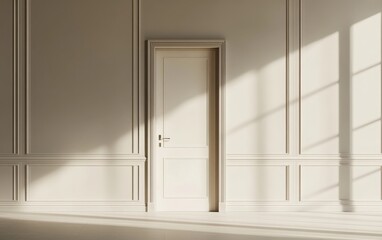A 3D render of a simple closed door set into a wall with classic paneling, in a minimalist interior design. 