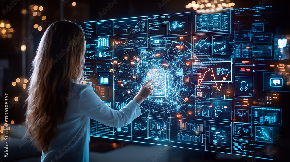 Poster young professional interacting with futuristic digital interface, analyzing data