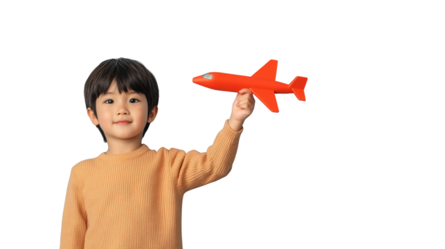 Young boy's dream of flight, a captivating image of child holding red toy airplane, embarking on imaginary adventures