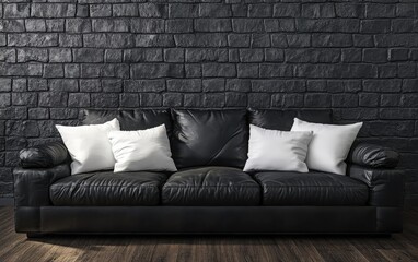 A detailed photorealistic image of a contemporary black leather sofa adorned with white pillows, positioned in front of a textured gray brick wall. 