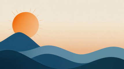 Serene Abstract Landscape with Sun and Smooth Mountain Silhouettes at Dusk
