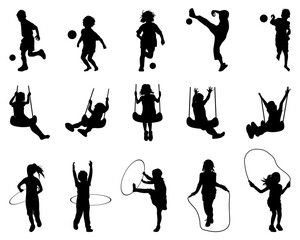 Black silhouettes of playful children on a white background	