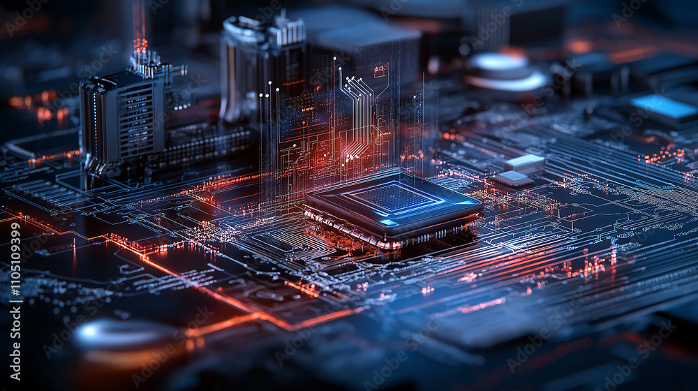 Poster futuristic circuit board with glowing processor and data flow