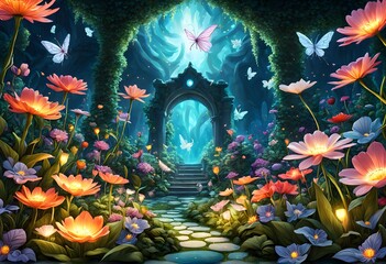 Obraz premium A fantastical garden with oversized flowers and tiny glowing fairies flying around, AI Generated