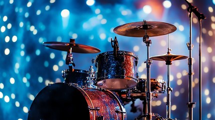 A drum set on stage with blue and orange lights.